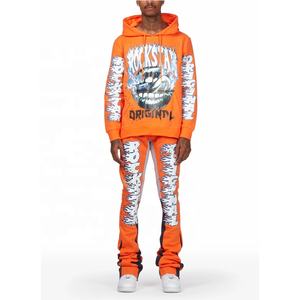 New Season Men Cotton Street Style <strong>Tracksuit</strong> Custom Private Digital Print Man <strong>Orange</strong> Hoodie Super Stacked Flared Track Set - Product Image 1