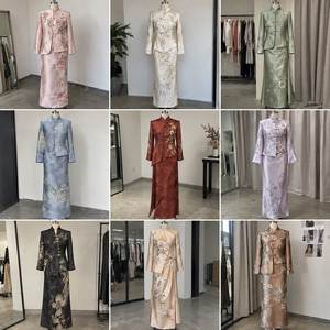 <span class=keywords><strong>Ensemble</strong></span> veste et jupe longue pour femme, style chinois, col mandarin, noir et crème contrastant, sur mesure OEM ODM, vente en gros - Product Image 2