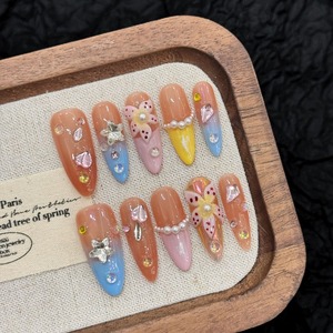 Unghie Finte Artigianali Europee Almond Island Nightingale, Dipinte a Mano, Effetto 3D, Rimovibili, per Primavera/Estate - Product Image 3