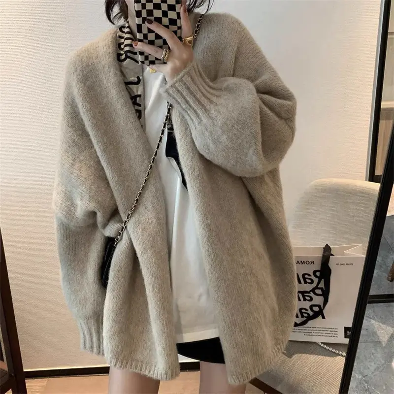 Autumn Winter Thicken Warm Sweater Cardigan Female Gray Khaki Loose Knitted Coat Women Japan Style Lazy Wind Soft Knit Cardigans