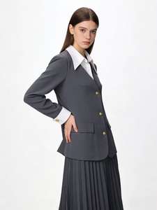 Completo due pezzi estivo casual da donna 2025: <span class=keywords><strong>Blazer</strong></span> grigio <span class=keywords><strong>con</strong></span> risvolto bianco e <span class=keywords><strong>gonna</strong></span> a pieghe - Product Image 2