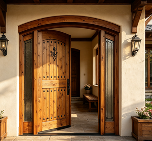 Puerta de entrada rústica de madera maciza Qifan con laterales de vidrio y herrajes de hierro para uso exterior - Product Image 4