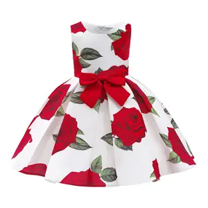 Noel kız kırmızı Tank üst giysi gül çiçek desen parti küçük kız baskılı elbise kız bebek elbiseleri