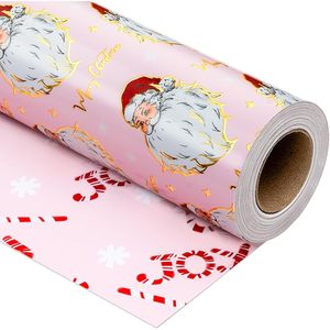 กระดาษห่อของขวัญลายซานตาคลอสสีชมพูทองแบบสองด้าน ลายวินเทจสำหรับสาวๆ ลายไม้เท้าหวาน ขนาด 46.8 ตารางฟุต สำหรับห่อของขวัญและงานฝีมือ - Product Image 1