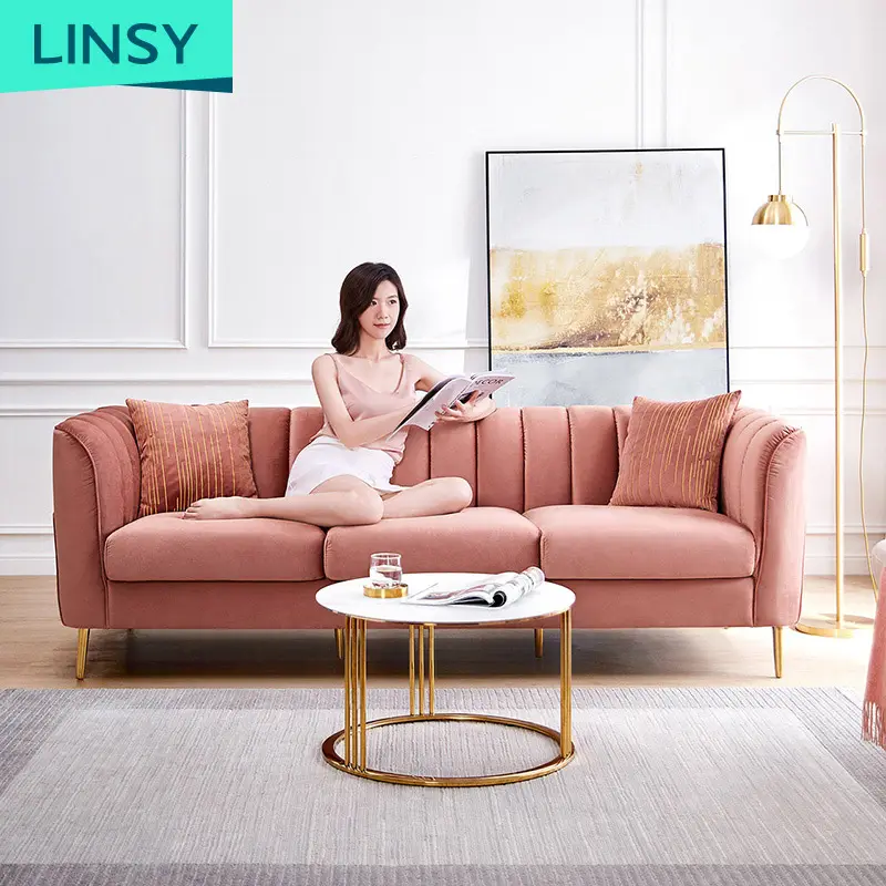 Linsy โมเดิร์นสีม่วงสีชมพูกำมะหยี่เชสเตอร์ฟิลด์โซฟา3ที่นั่งผ้าหุ้มมุมชุดโซฟา S094