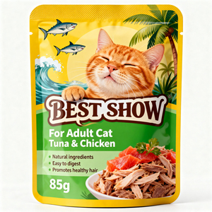 Sachet rétractable en aluminium imprimé par gravure personnalisée, haute barrière, opaque, pour l'emballage de nourriture humide pour chats adultes (<span class=keywords><strong>thon</strong></span> et poulet) - Product Image 1