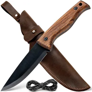 EDC Fixed Blade Hunting Knife Tactical Survival Black Coating Carbon Steel Outdoor Knife Wood Handle Hunting Knife