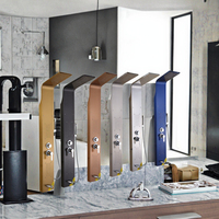 Panneaux de douche gris argenté brossé en acier inoxydable avec support au sol, fonctions thermostatiques, noyau de valve en céramique, quatre fonctions