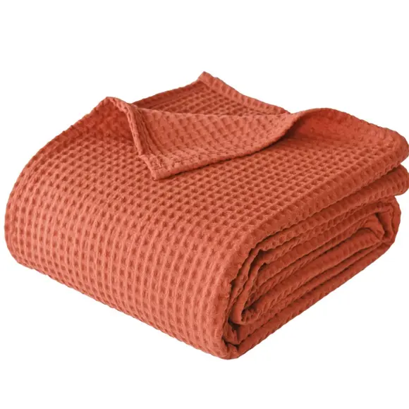 % 100% pamuklu gofret örgü battaniye yumuşak rahat nefes ve nem emme için tüm sezon battaniye ev dekorasyonu için