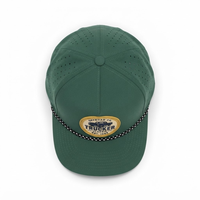 Casquette de baseball snapback à visière incurvée, 5 panneaux, verte, avec patch tissé perforé au laser, style corde, approvisionnement direct fabricant en gros