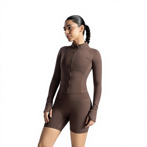 Women's Brown Full Sleeve Stand Neck Zipper Front Yoga <b>Top</b> Solid Color Seamless Active Sportswear Set High Waist <b>Shorts</b> - Product Image 1