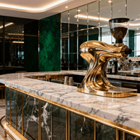 Design de café moderne et confortable avec éléments graphiques en métal sur mesure, éclairage chaleureux, sièges lounge confortables