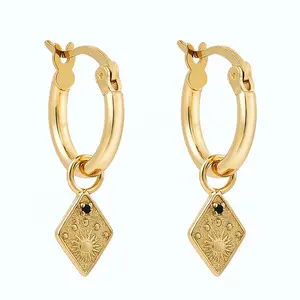 Gemnel luxury wholesale supplier jewelrt square charm with sun pattern and black stone hoop earring