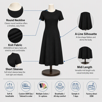 Gaun Midi Rajut Grosir Kerah Bulat Lengan Pendek Model A-Line Wanita Bahan Lembut Elastis Kasual Sehari-hari Logo Kustom OEM Gaun Midi