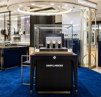 Vitrine de Luxe Circulaire Bleue et Dorée pour Montres, Présentoir Pop-Up Haut de Gamme en Verre pour Marques de Montres de Luxe