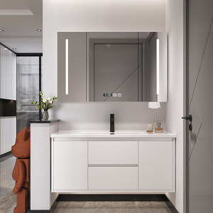 Mueble de Baño Moderno Minimalista de Pared con Lavabo de Cerámica Integrado, Espejo LED Inteligente y Almacenamiento con Múltiples Cajones para Contemporáneo - Product Image 2