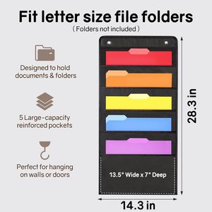 Organizador de archivos colgante de pared con 5 bolsillos, organizador de documentos de oficina negro, para el hogar, el aula, el dormitorio, el espacio de trabajo, minimalista - Product Image 3