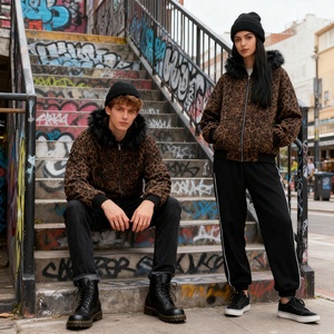 Sudadera con capucha unisex de invierno estilo streetwear americano, cortavientos y cálida, con cuello de piel, diseño personalizado con estampado de leopardo, cremallera y corte oversize. - Product Image 3