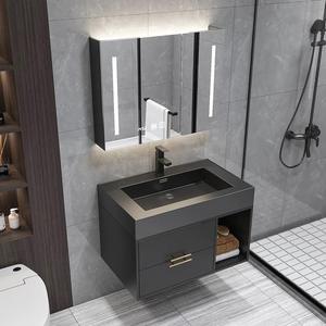 Mueble de Baño Moderno de Pared en Gris Oscuro con Lavabo Integrado de <span class=keywords><strong>Piedra</strong></span> Negra, Espejo LED y Estantes Abiertos para Uso en Baños - Product Image 5