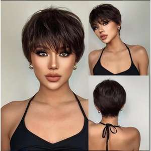 Peluca Corta y Lisa para Mujer Dm29 15, Color Marrón Oscuro/Negro, Fibra Kanekalon, Línea de Cabello Natural, Encaje Transparente, Peluca Completa - Product Image 4