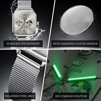 Jam Tangan Pria OLEVS 9914 Original Fashion Quartz Arloji Tali Baja Mesh Tahan Air Bercahaya Fase Bulan Kronograf Bentuk Persegi