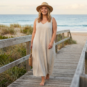 Vestido Maxi Byron <span class=keywords><strong>Bay</strong></span> 100% Lino Tallas Grandes con Bolsillos, Estilo Minimalista con Volantes, Corte Holgado, Vestido de Verano Corto ODM S-5X Venta al por Mayor Personalizado - Product Image 4