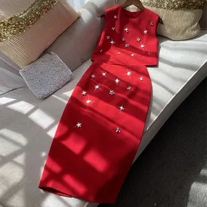 Latest Design Red Rhinestone Two Piece Set Women Clothing O Neck Sleeveless Top Long Skirt Sets