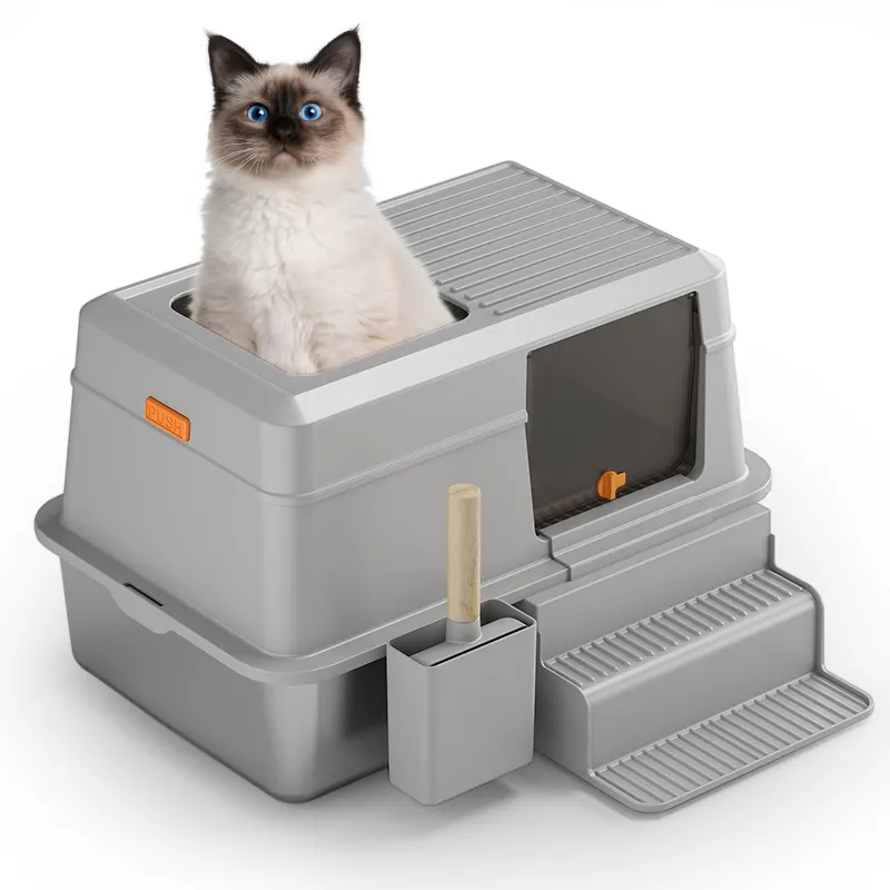201 stainless steel Top Entry enclosed cat litter box with high wall side for big cats Non-Stick with Litter Scoop