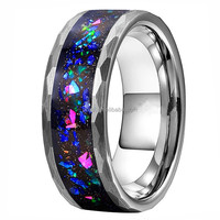 POYA Bague de mariage en grès galaxie martelé 8mm noir tungstène vert opale de feu pour homme