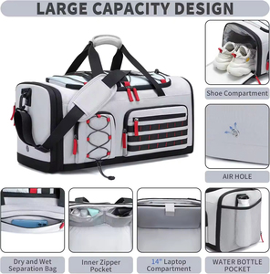 Bolsa de lona deportiva de 45L para hombres y mujeres, mochila grande de mezclilla para gimnasio, Weekender, mochila de noche con compartimento para zapatos, forro de poliéster gris - Product Image 3