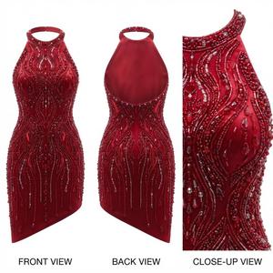 Robe de soirée élégante en satin rouge rubis ornée de perles, longueur genou, style licou, pour cocktail, de luxe, par un créateur de mode - Product Image 1
