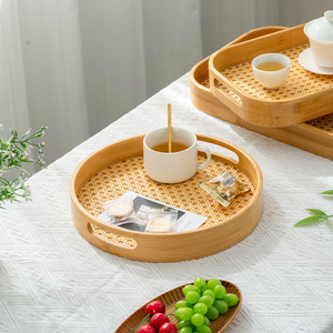 Plateau à thé en bambou avec insert en rotin, style simple, plat de service pour fruits et thé, rectangle 30 cm - Product Image 2