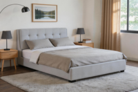 Base de Cama Contemporánea Tapizada en Gris Claro con Almacenamiento, Tamaño Queen, 4 Cajones Debajo de la Plataforma, para Villa
