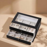 Caja Organizadora de Joyería Negra al por Mayor con Tapa de Cristal y Doble Cajón para Almacenamiento y Exhibición de Joyería