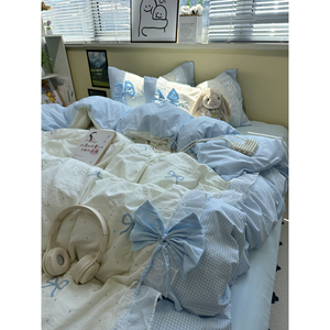 Juego de Ropa de Cama de Algodón Estilo Princesa, 4 Piezas, con Adorno de Lazo y Encaje, Transpirable, para Uso Doméstico, para las Cuatro Estaciones - Product Image 1