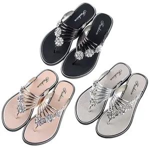 Bling Sliver Rhinestone Outdoor Beach Flat Flip-flops Slippers For Women