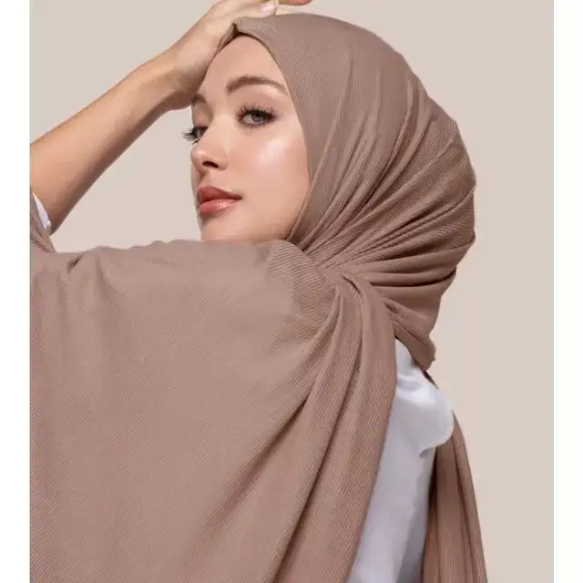 Syal Jersey Premium Berusuk, Selendang Syal Kepala Wanita Muslim Desain Panjang Warna Solid