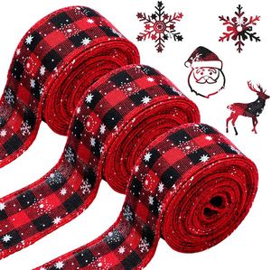 DIY kabel pita Natal cetakan kepingan salju merah hitam pita kotak-kotak untuk karangan bunga busur dekorasi Natal - Product Image 1