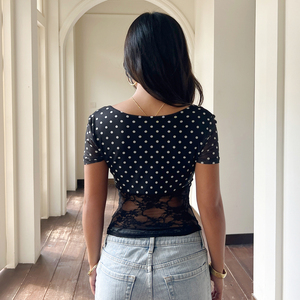 Camiseta de Punto para Mujer, Estilo Y2K, con Puntos, Contraste de Color, Encaje, Cuello con Lazo, Corte Ajustado, Manga Corta, Transpirable, Informal, para Verano - Product Image 2