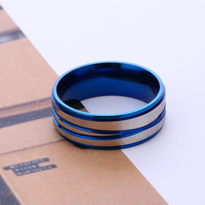 18K PVD Gold, Silver, <b>Black</b> & Blue Stainless Steel Striped Brushed Finish <b>Rings</b> | Durable Fashion Band <b>for</b> <b>Men</b> & Women - Product Image 4