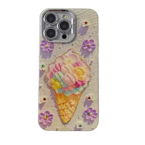 Trendy TPU PC Oil Painted Lila Floral Ice Cream Fundas para teléfonos móviles para iPhone 15 Pro Max 14 13 12 11