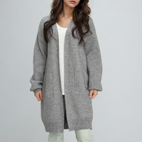 Cardigan long en tricot de coton pour femmes dames coupe droite col en V tricots à manches longues pull ouvert devant avec poches