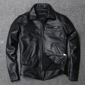 Veste en cuir Harrington classique pour homme, veste de travail vintage en cuir de vachette pleine fleur de qualité supérieure avec col chemise et fermetures éclair argentées - Product Image 4