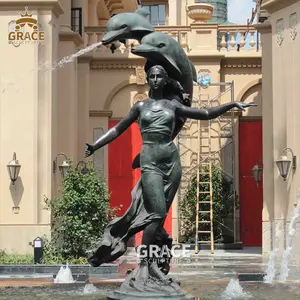 Vida tamanho da mulher bronze e dolphin fonte de água bronze figura de escultura do jardim