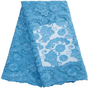 3152ブルーホットセール新しいアフリカのフレンチネットミルクメッシュレース生地女性のためのスパンコール付き高品質チュールシルクウェディングドレス縫う