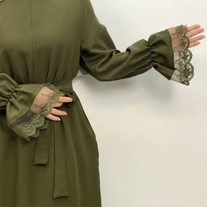 Robe Abaya légère d'été en tissu crêpe bulle avec fermeture éclair avant et manches longues en dentelle florale pour femmes musulmanes 6723 # - Product Image 6