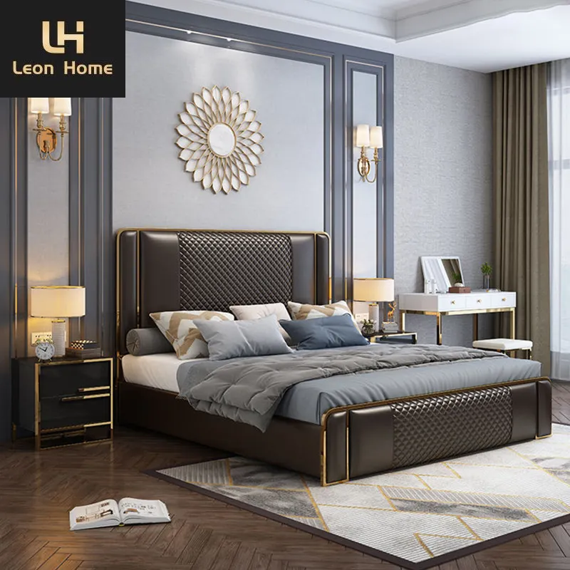 Luxury bedroom furniture brown leather queen bed frame with storage underneath