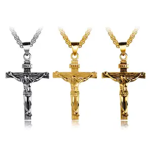À la mode Hip Hop bijoux personnalisés en acier inoxydable couleur dorée croix Crucifix jésus collier pour hommes femmes pendentif à la mode