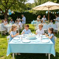 En stock – Ensemble de vaisselle jetable bleu à bordure dentelle pour fête d'anniversaire : assiettes, gobelets, serviettes, couteaux, fourchettes, cuillères et décorations de fête