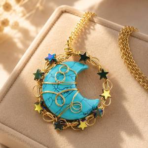 Collana con Ciondolo a Forma di Luna e Stella in Cristallo Naturale, Gioielli in Quarzo Rosa e Occhio di <span class=keywords><strong>Tigre</strong></span>, Pietre Curative Reiki - Product Image 4